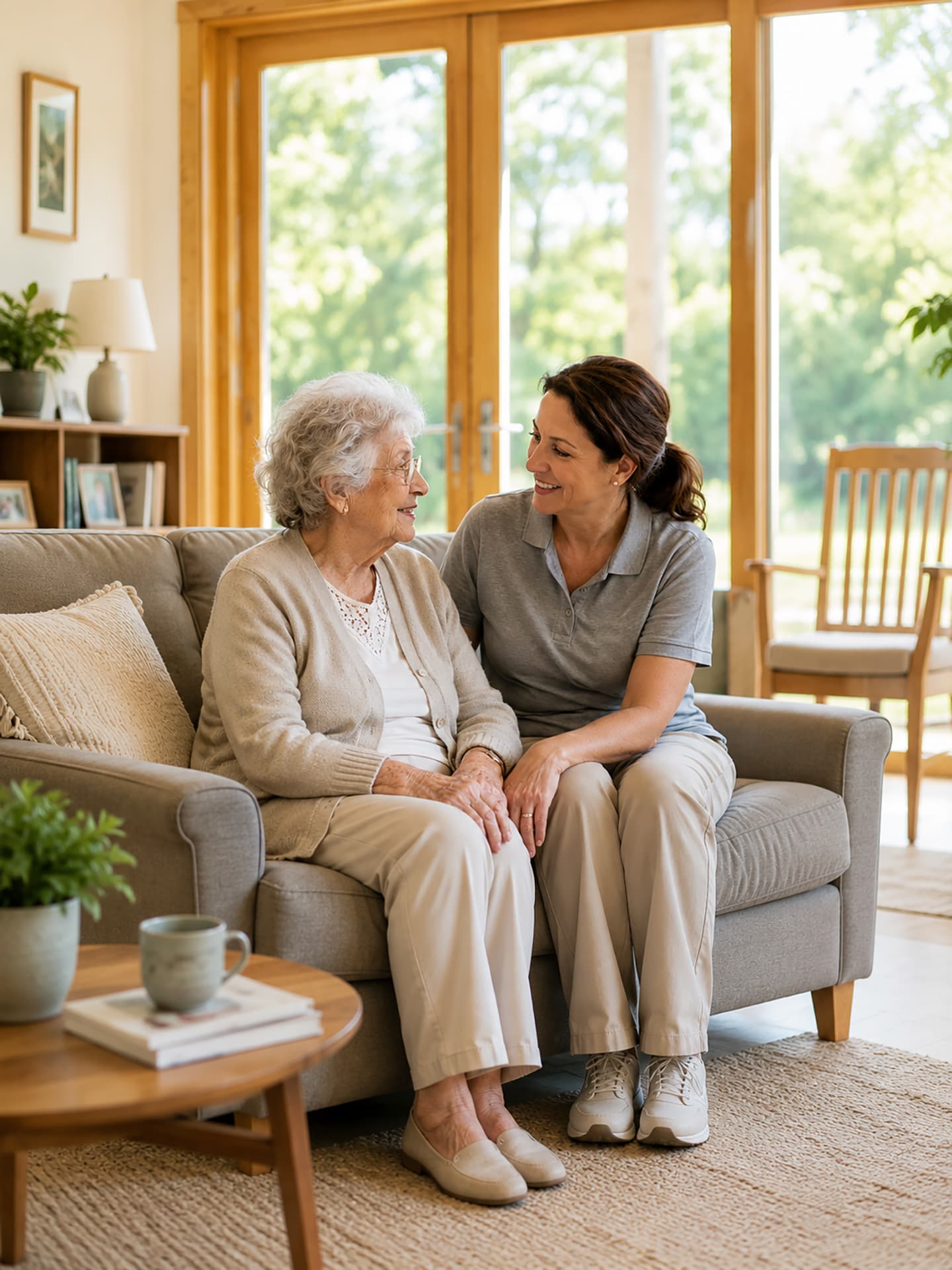 A caregiver sitting close to an older woman, talking warmly together on a sofa